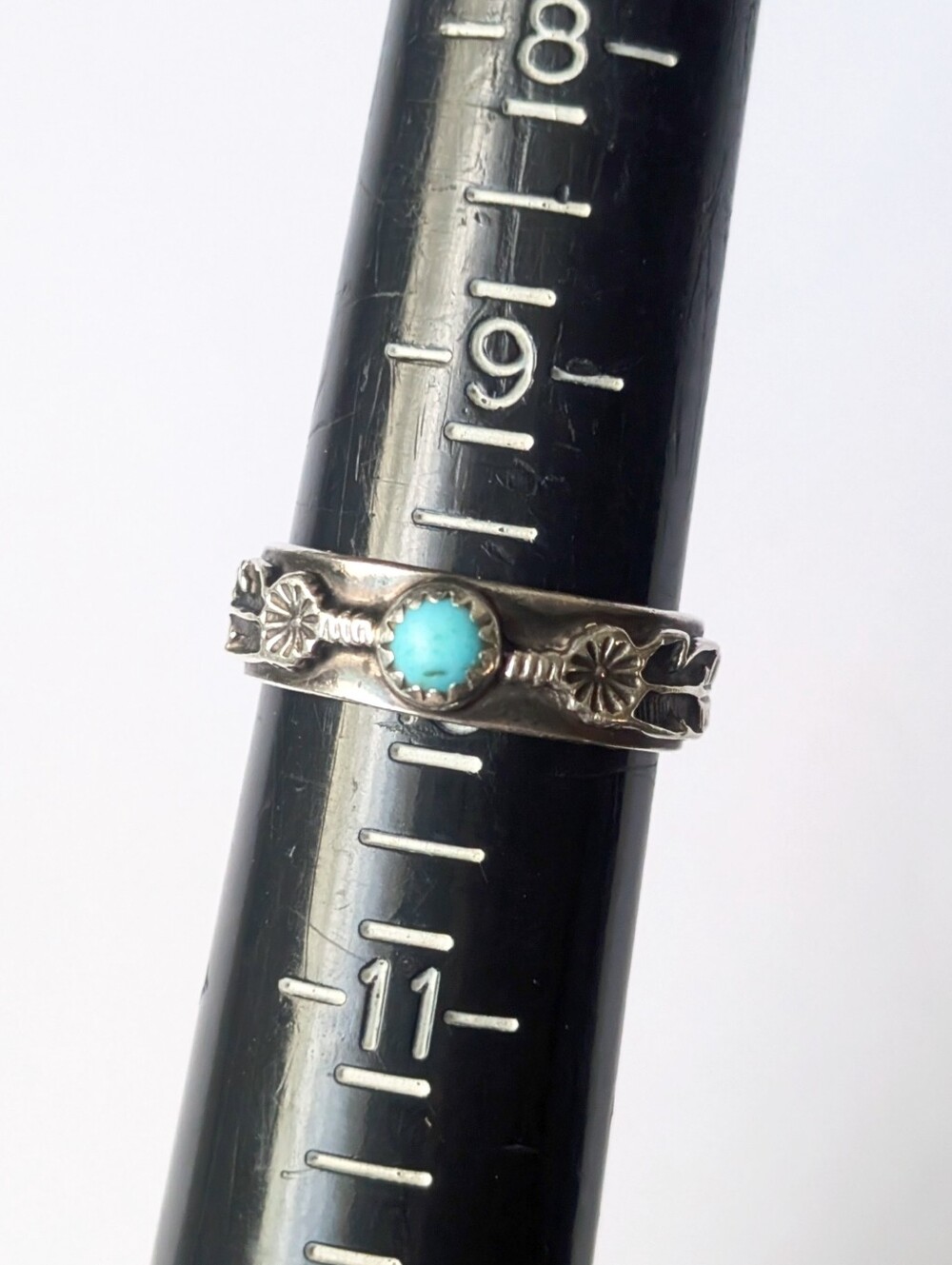 Running Bear Native American sterling silver turquoise ring feather flower band - Picture 6 of 6